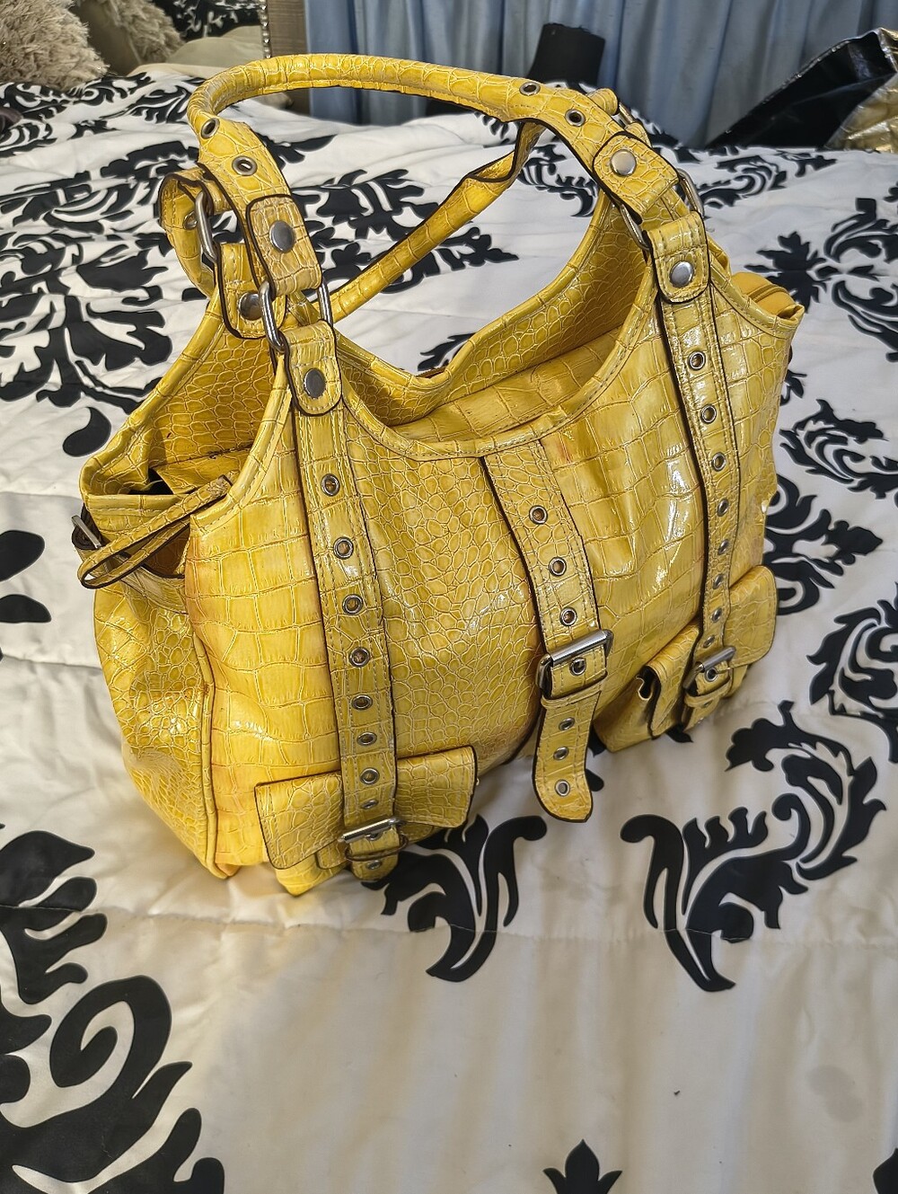 large mustard/goldenrod yellow patent-finish croc-embossed Genuine Leather Hobo